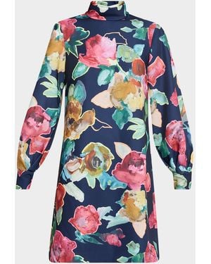 Lela Rose Elizabeth Floral Crepe Long-Sleeve Shift Dress - Blue