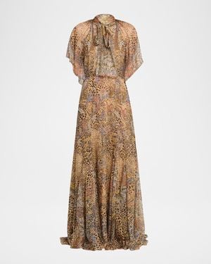 Etro Paisley Animal-Print Silk Chiffon Neck-Scarf Maxi Dress - Natural