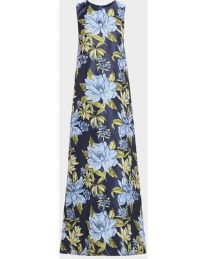 Aidan Mattox Sleeveless Beaded Floral Jacquard Gown - Blue