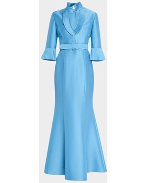 Badgley Mischka Pleated-Trim Trumpet Mikado Gown - Blue