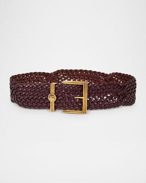 Etro Woven Leather Belt With Logo Coin Buckle - Brown