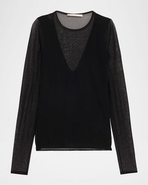 Jason Wu V-Neck Long-Sleeve Sheer Knit Top - Black