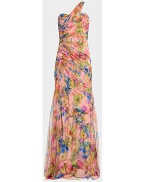 THEIA Macie Ruched Floral-Print Tulle Gown - White