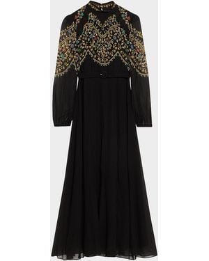 Saloni Jacqui-B Belted Floral Silk Midi Dress - Black