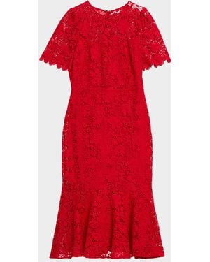 Shoshanna Darcy Floral Lace Flounce Midi Dress - Red