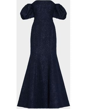MILLY Alexi Off-Shoulder Floral Jacquard Mermaid Gown - Blue