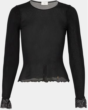Saint Laurent Lace Trim Wool-Cashmere Rib Jersey Long-Sleeve Top - Black