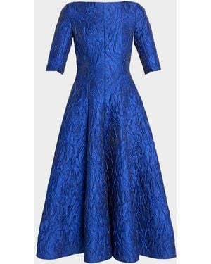 Talbot Runhof Boat-Neck Poiret Rose Jacquard Midi Cocktail Dress - Blue