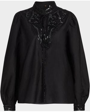 Kobi Halperin Harper Sequin Lace-Yoke Blouse - Black