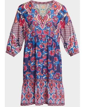 Johnny Was Bletilla Floral Cotton-Silk Mini Dress - Blue
