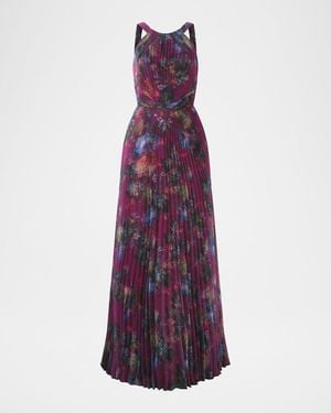 THEIA Naveen Pleated Floral-Print Organza Gown - Purple