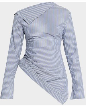 Jane Wade Asymmetric Pinstripe Button-Sleeve Blouse - Blue