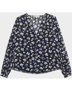 Veronica Beard Alec Long-Sleeve Floral Silk Top - Blue