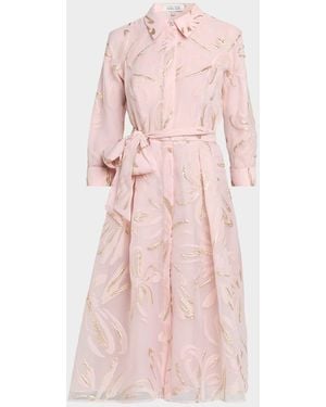 Teri Jon Metallic Floral Organza Jacquard Midi Shirtdress - Pink