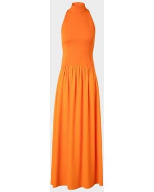Akris Punto Mixed-Media Jersey Halter Seersucker Pleated Skirt Dress - Orange