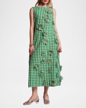 Frances Valentine Origami 3D Floral Appliqué Gingham Midi Dress - Green