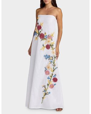 Mac Duggal Floral Embroidered Linen Strapless Trapeze Gown - White