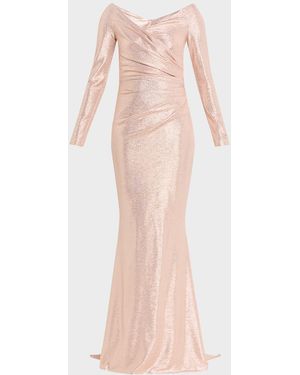 Talbot Runhof Metallic Draped Off-The-Shoulder Long-Sleeve Gown - Pink