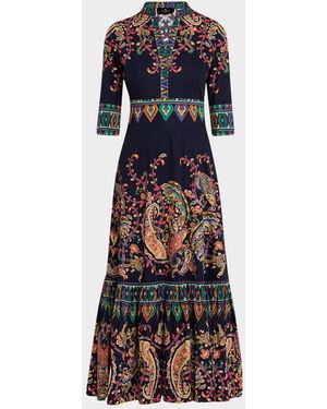 Etro Paisley Cotton 3/4-Sleeve Maxi Shirtdress - Blue