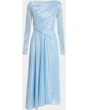 Talbot Runhof Metallic Mermaid Voile Long-Sleeve Midi Dress - Blue