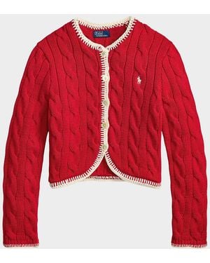 Polo Ralph Lauren Cable-Knit Logo Stretch-Cotton Crop Cardigan - Red