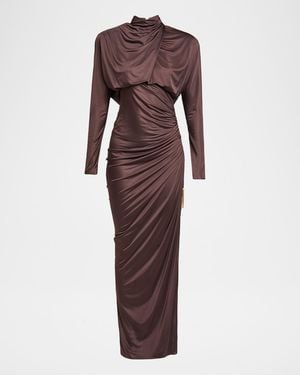 Balmain Strong-Shoulder Jersey Ruched Slit Maxi Dress - Purple
