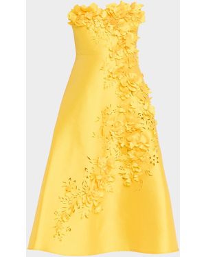 Badgley Mischka Strapless Floral Applique Gazar Midi Dress - Yellow