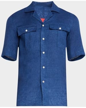Isaia Linen Two-Pocket Camp Shirt - Blue