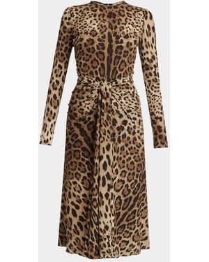 Dolce & Gabbana Leopard-Print Long-Sleeve Twisted Midi Cocktail Dress - Natural