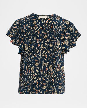 Ulla Johnson Adoni Flutter-Sleeve Batik Silk Top - Blue