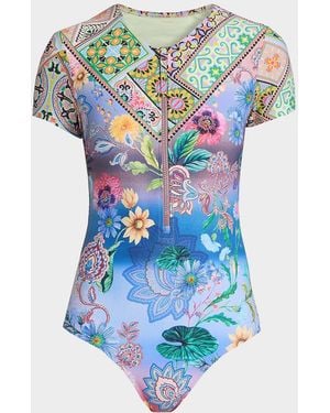 Johnny Was Printed Rashguard One-Piece Swimsuit - Blue
