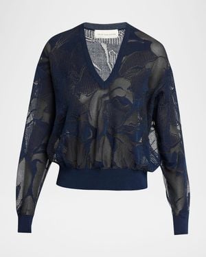 Dries Van Noten Torion Floral Lace Knit V-Neck Sweater - Blue