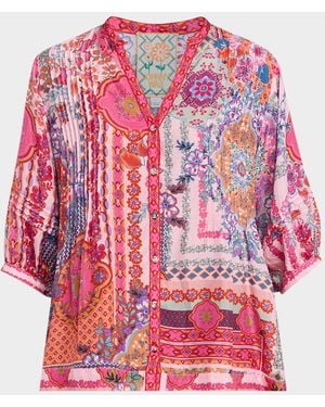 Johnny Was Vacanza Pintuck Floral-Print Silk Blouse - Pink