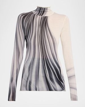 Jason Wu Dancing Pleat Printed Long-Sleeve Turtleneck Top - Multicolor