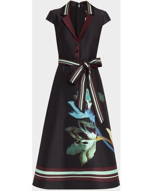 Badgley Mischka Belted Floral Mikado Midi Dress - Black