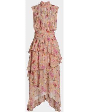 PATBO Lily Ruched Floral A-Line Midi Dress - Pink