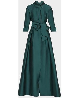 Teri Jon 3/4-Sleeve Taffeta Shirtdress Gown - Green