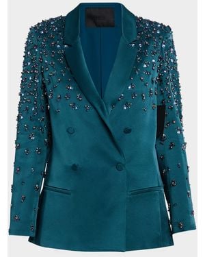 LAPOINTE Crystal Embroidered Satin Double-Breasted Blazer - Blue