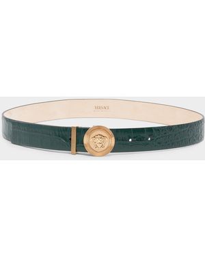 Versace Medusa Biggie Croc-Embossed Leather Belt - Blue