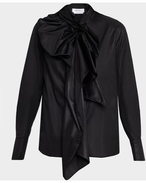 McQueen Draped Ruffle Cotton Poplin Blouse - Black