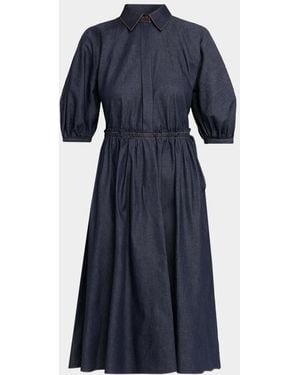Dice Kayek Denim Puff-Sleeve Drawstring Midi Shirtdress - Blue