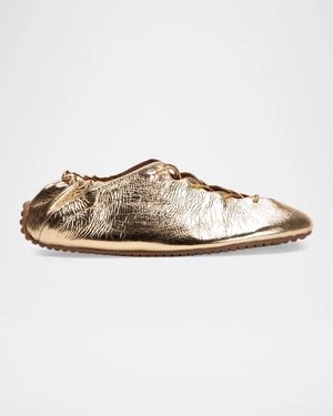 Odissi Milly Metallic Leather Lace-Up Ballerina Flats - White