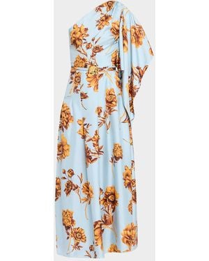 Oscar de la Renta Peony-Print Draped One-Shoulder Midi Dress With Belt - White