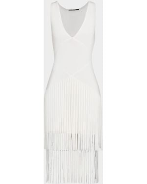 Toccin Patricia V-Neck Seamed Midi Dress With Fringe - White