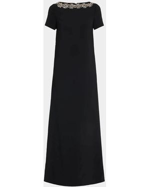 Carolina Herrera Embellished Boat-Neck Crepe Short-Sleeve Gown - Black