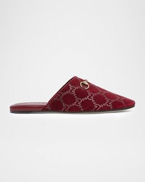Gucci Lucy Gg Crystal Velvet Flat Mules - Red