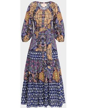 Figue Johanna Multi-Print Tiered Midi Peasant Dress - Blue