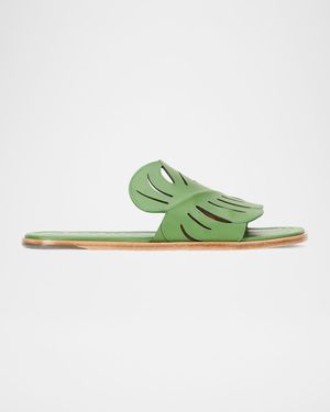 STAUD Palm Leather Flat Slide Sandals - Green