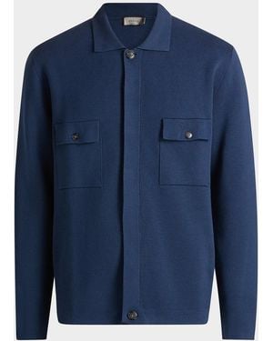 Canali Apos;S Cotton Knit Concealed-Placket Overshirt - Blue