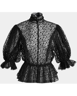 Dolce & Gabbana Floral Embroidered Tulle Puff-Sleeve Ruffle Peplum Blouse - Black